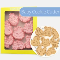 8pcsset baby cartoon cookie cutters plastic pressable biscuit mold fondant cookie stamp kitchen pastry baking tools