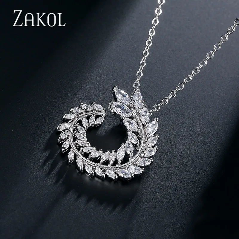 ZAKOL Trendy Leaf Shape Clear AAA+ CZ Zirconia White Color Pendants Necklaces for Women Wedding Party Jewelry FSNP062 | Украшения и