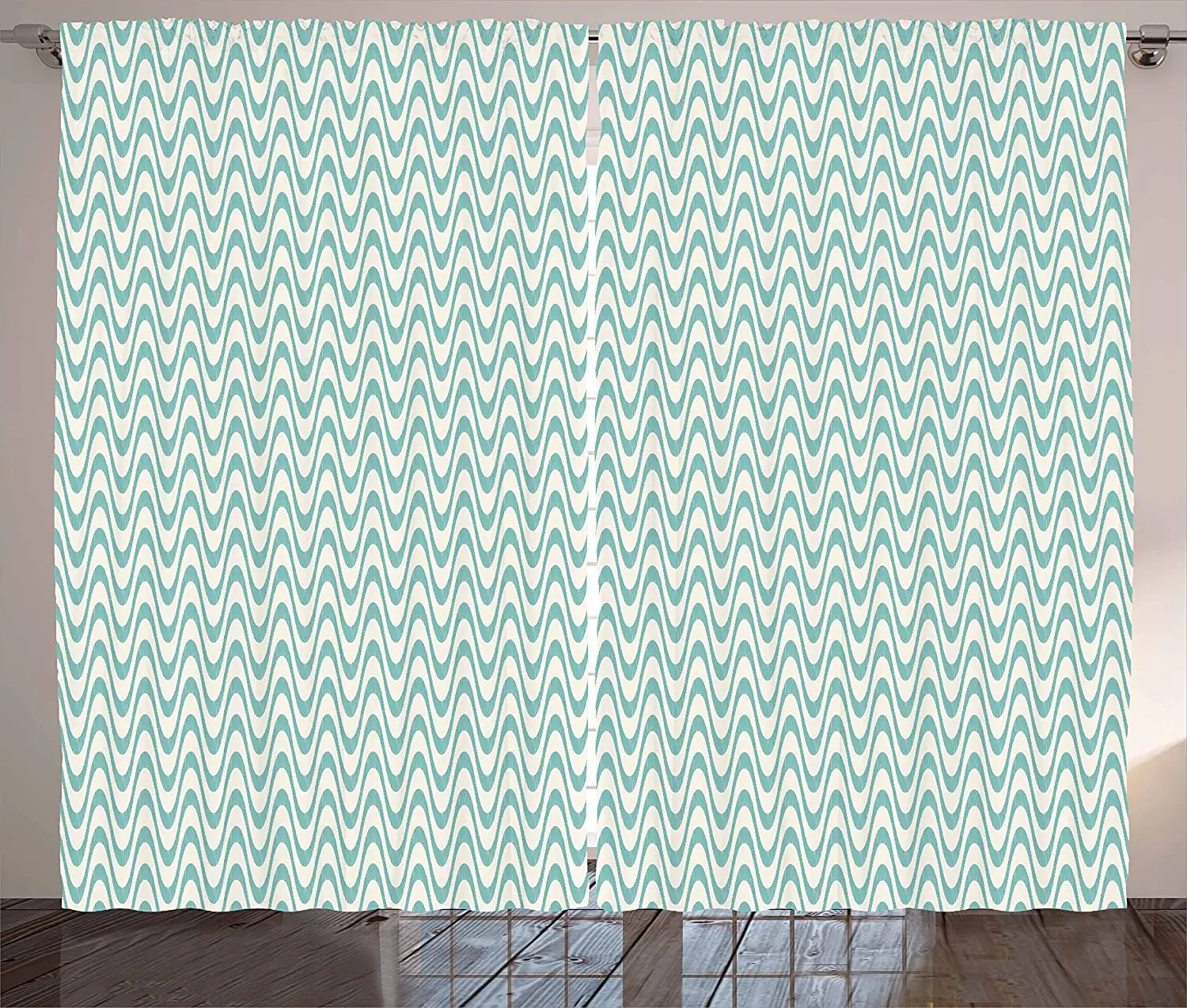 

Ivory and Blue Blackout Curtains Wavy Stripes Pattern Bicolor Illustration of Curved Abstract Lines Window Curtain
