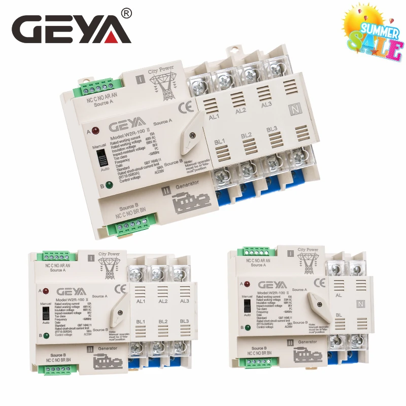 

GEYA 63A 100A ATS Automatic Transfer Switch 50/60Hz PC Grade Dual Power Transfer Din Rail 220V 110V City Power to Generator