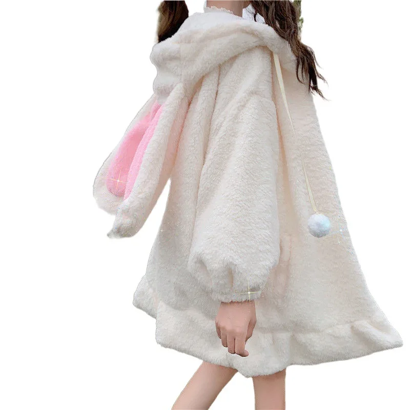 

Lolita Autumn And Winter Jacket Women Artificial Soft Girl Cute Rabbit Ear Hat Imitation Lamb Wool Thickening Harajuku Coat