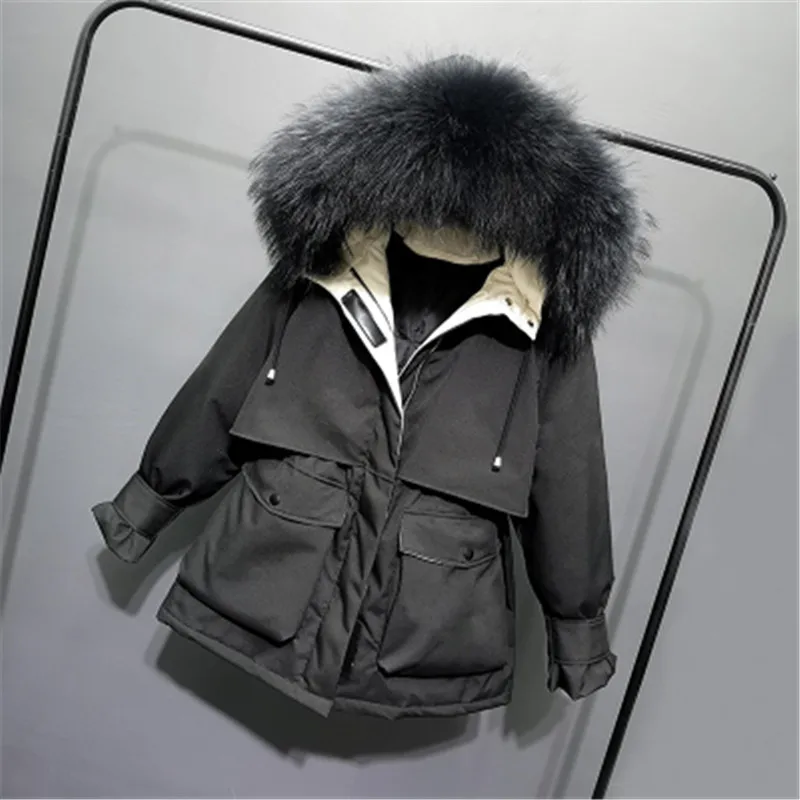 black Campera pluma mujer, пуховик на утином пуху, женская зимняя теплая куртка с натуральным меховым воротником и капюшоном, негабаритный пуховик, пуховая куртка, D469 - Цвет: black