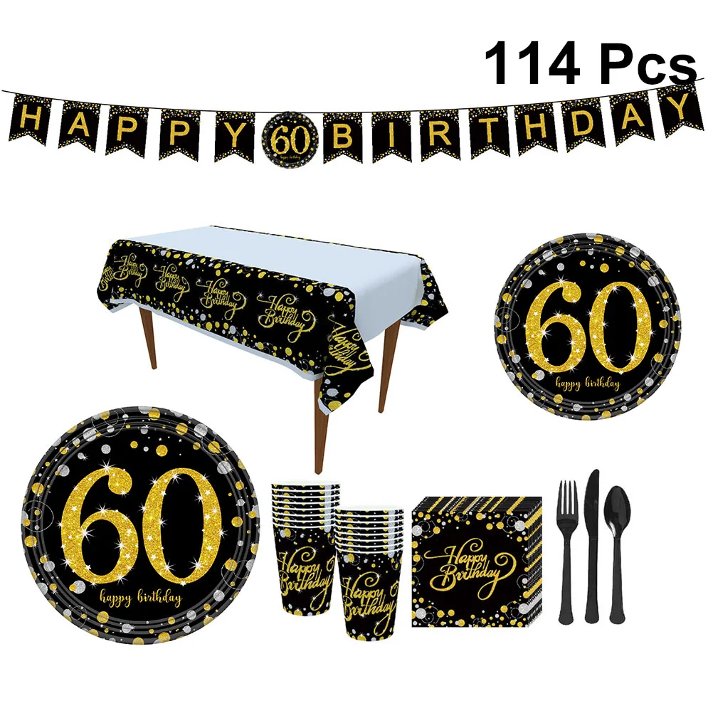 114 шт. Happy 60th украшения для вечеринки в честь Дня рождения баннер набор посуды