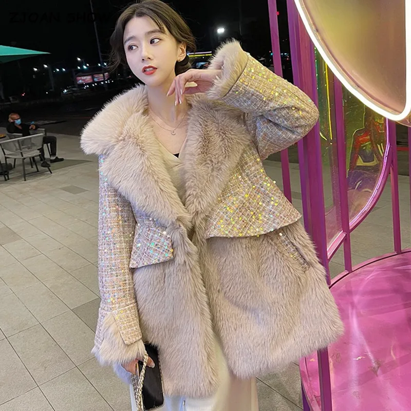 

Зимняя твидовая куртка с вышивкой и блестками 2021, жакет из искусственного меха с отложным воротником и длинным рукавом, сохраняющая тепло, п...