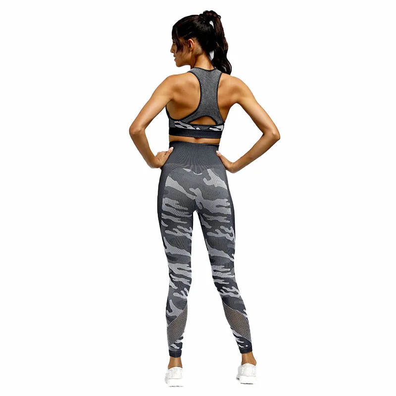 

2020 New Style Camouflage Three-piece Set Europe and America Seamless Knitted High Waist Yoga Pants Exaggerates Hips Yoga Yoga G