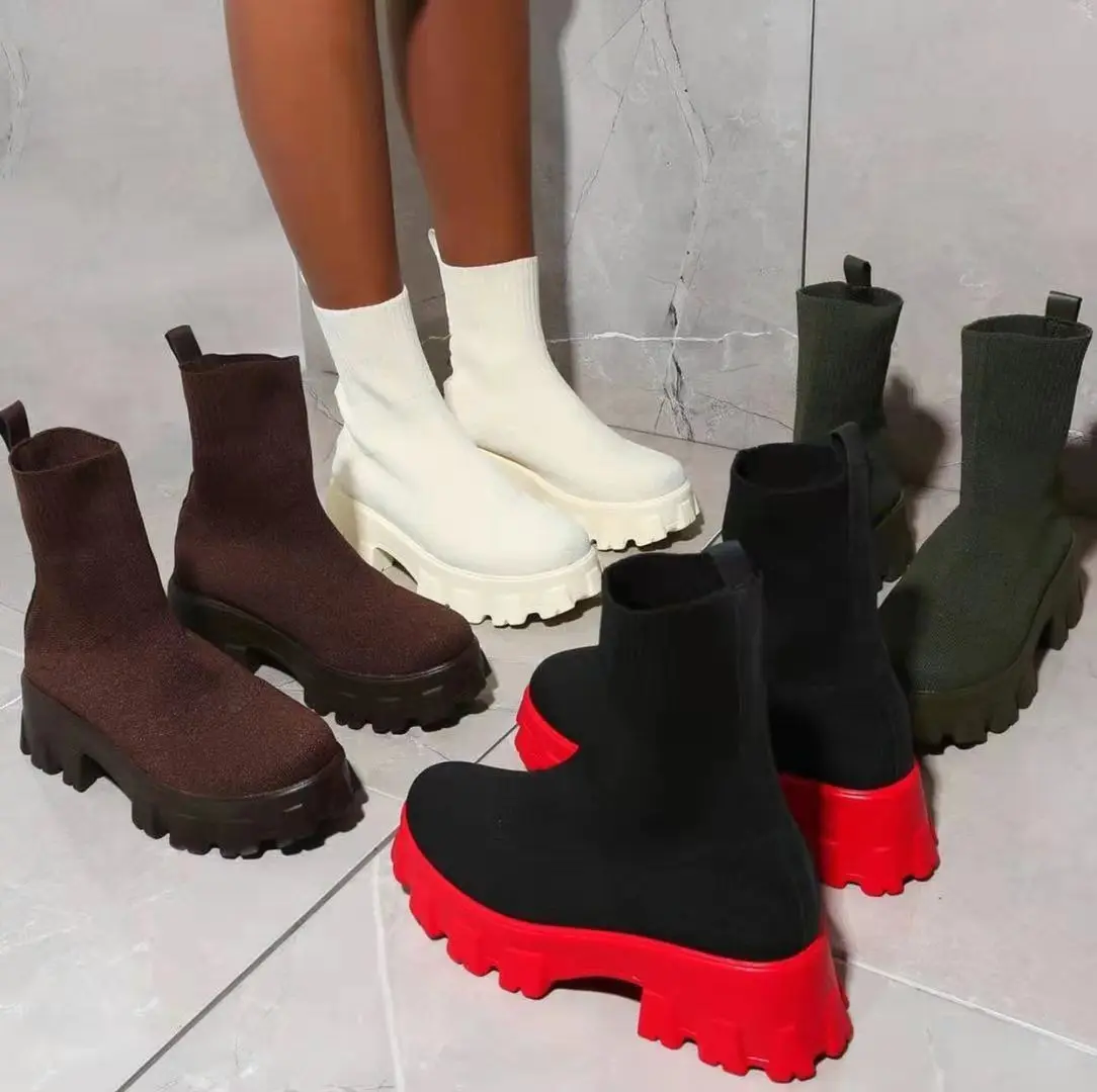 

Женские вязаные ботинки-носки, повседневные ботинки на толстой подошве, сетчатые красные, большие размеры, Осень-зима 2021
