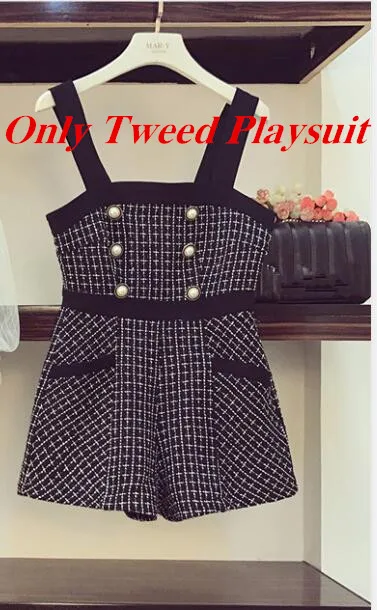 Only Tweed Playsuit Ретро жемчужные пуговицы твидовый в клетку костюмы 2 шт. комплект женские рукава-фонарики сетки рубашка и шорты Комплект комбинезона комбинезоны леди - Color: Only Tweed Playsuit