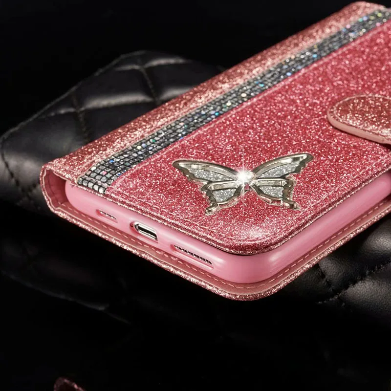 

Glitter Diamond Butterfly PU Leather Flip Cover Case With Card Slots For iPhone 11 11 Pro 11 Pro Max X XR XS Max SE2020 7 8 Plus