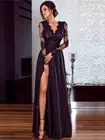 Платье женское кружевное с V-образным вырезом, длинное модное Формальное вечернее, с высоким разрезом и длинным рукавом, S-2XL