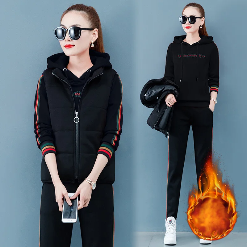 Плюс толстый Комплект из трех предметов спортивная одежда женские толстовки