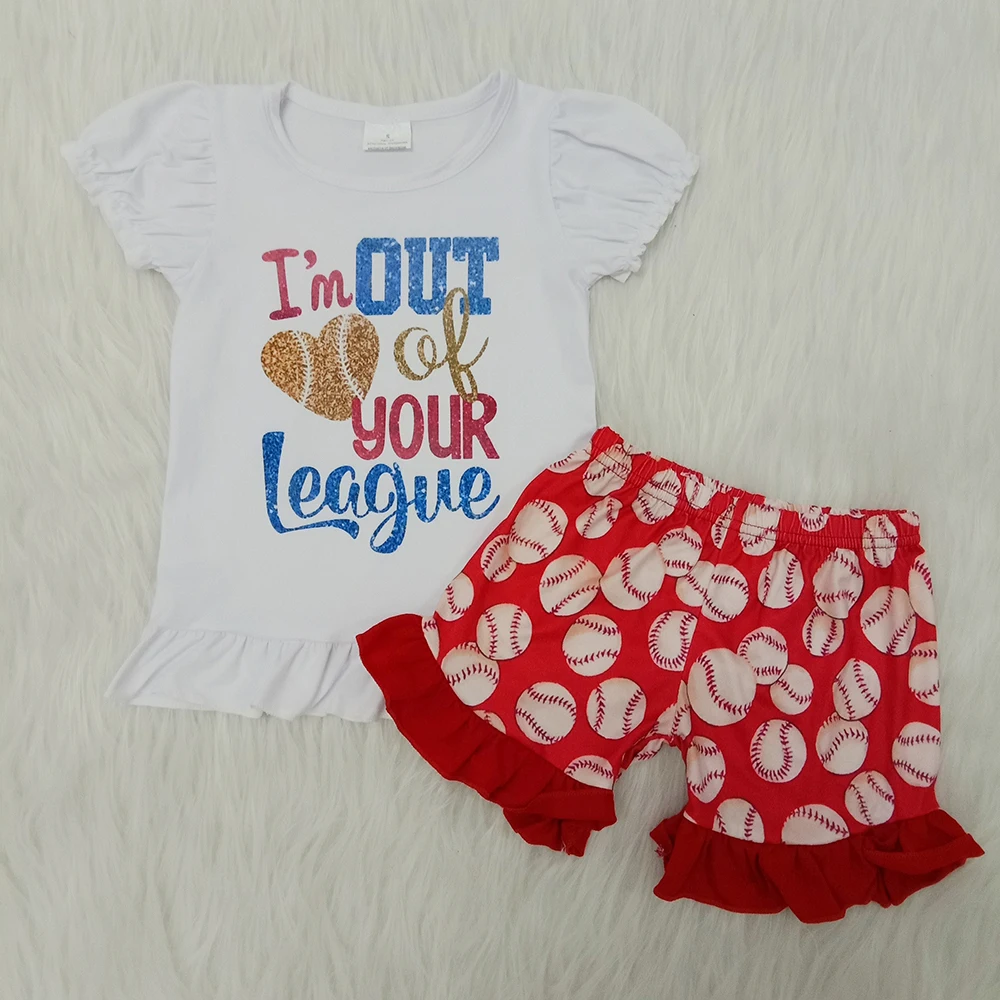 Baby girls clothing sets baseball design summer toddler ruffle shorts red color tee shirts outfits clothes 2pcs ready to ship | Детская
