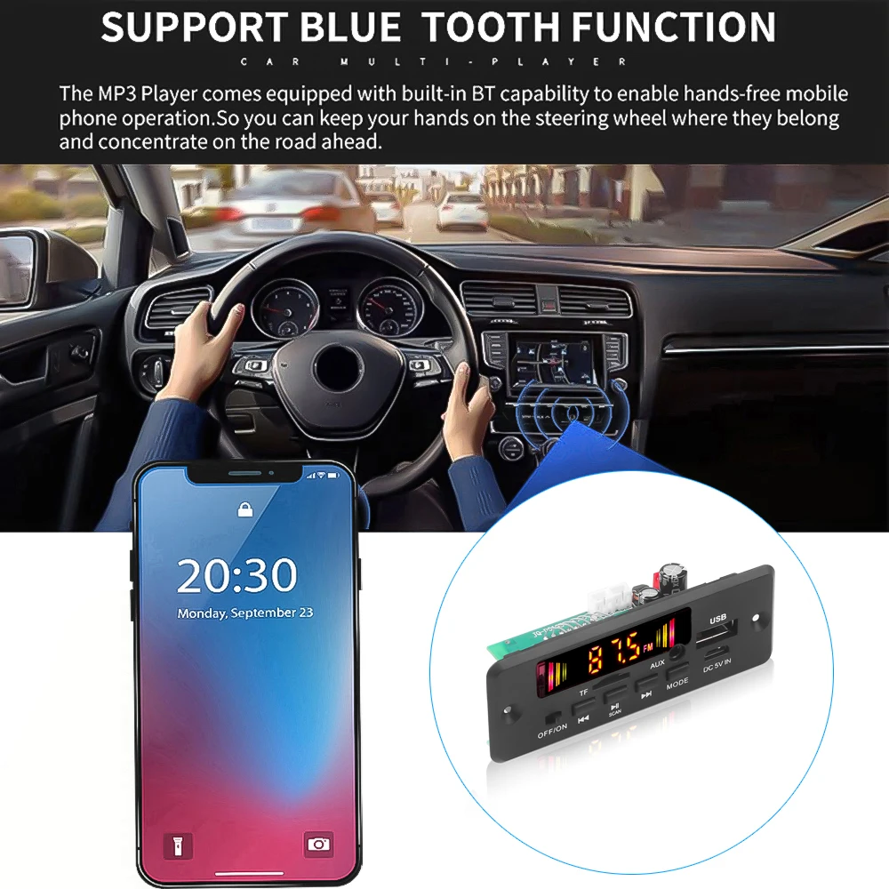 Bluetooth 5.0 Car Radio MP3 Player Decoder Board DC 5V 12V 32V Handsfree Support Recording FM TF SD Card AUX 2 x 3W Amplifier images - 6