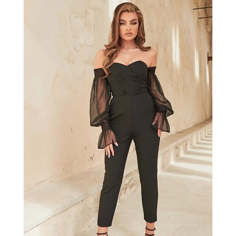 

2021 Fall Black Sexy Off Shoulder Mesh Patchwork Buttons Women Jumpsuits Streetwear Femme Casual Slim Long Sleeve Romper BH7164
