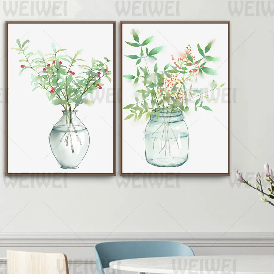 

Transparent Glass Vase Home Decoration Painting Plant Branches Leaves Living Room Wall Canvas Poster Green Fresh Bedroom Print