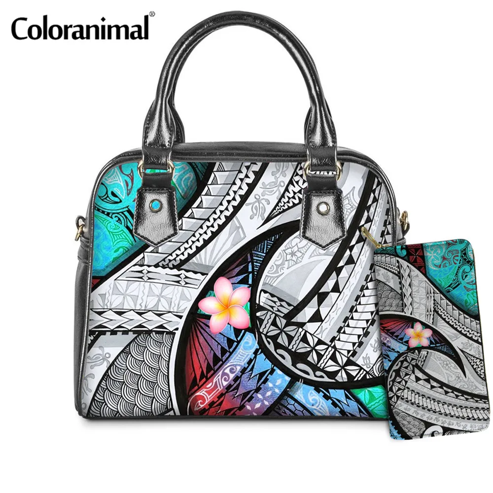 

Coloranimal Polynesian Tribal Plumeria Printed Female Shoulder Bag PU Leather Tote Messenger Bag 2Pcs/Set Crossbody Bag Bolsa