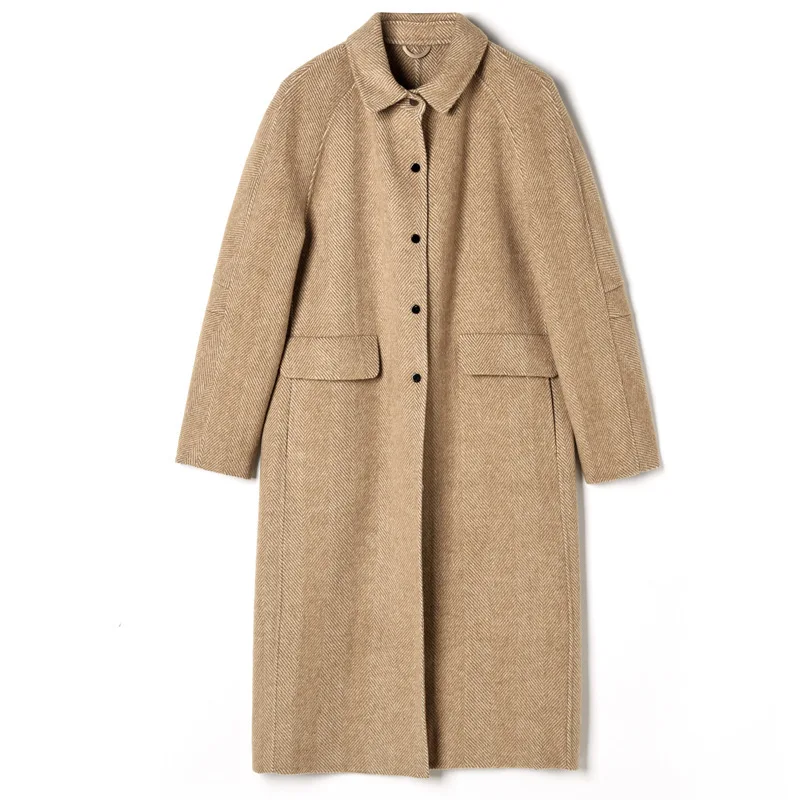 Женское зимнее пальто кофейная двухсторонняя шерстяная кашемировая верхняя