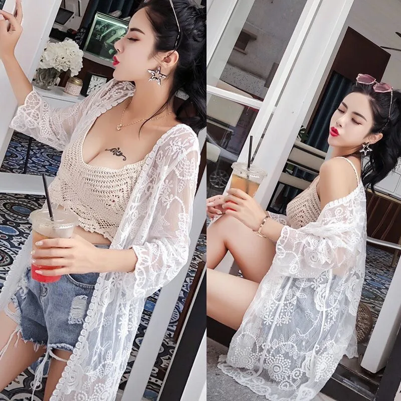 Вязаный длинный кардиган кимоно блузка с вышивкой лето 2019 модные повседневные