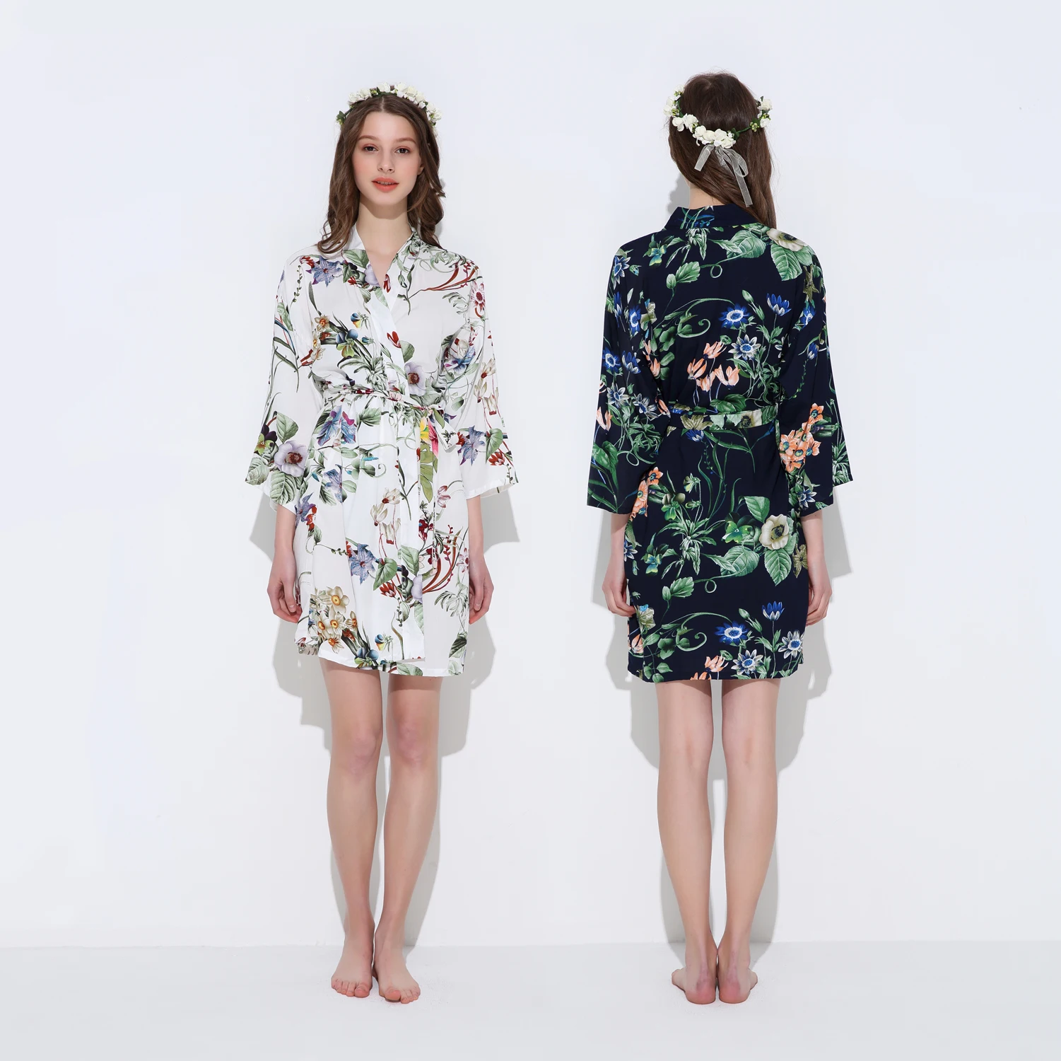 YUXINBRIDAL Wedding Bride Bridesmaid Floral Robe Satin Rayon Cotton Floral Robe Nightgown for Women Kimono Sleepwear Robe