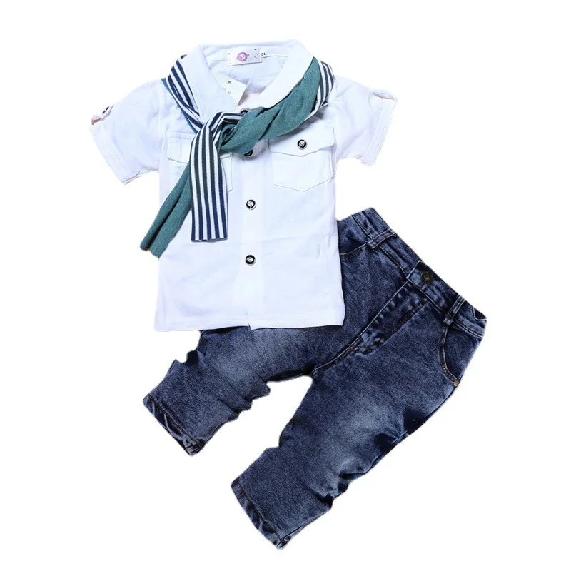 

2PCS WLG Kids Boys Boutique Outfits Summer White Shirt and Jean Set with Scarf Baby Boy Fashion Clothing Set