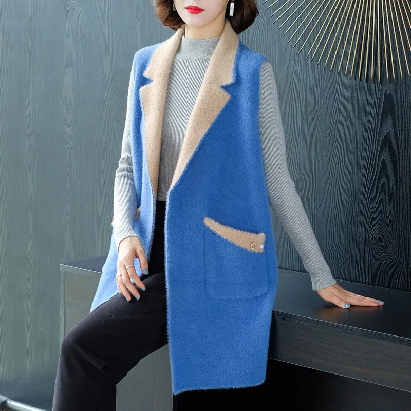 Женский длинный вязаный жилет свободный однотонный кардиган без рукавов в