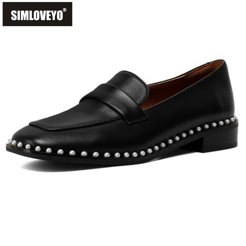 

Туфли-лодочки SIMLOVEYO из 2021 овечьей кожи, с квадратным носком, без застежек, на плоской подошве женские туфли Лоферы см, черные, весна 2,8