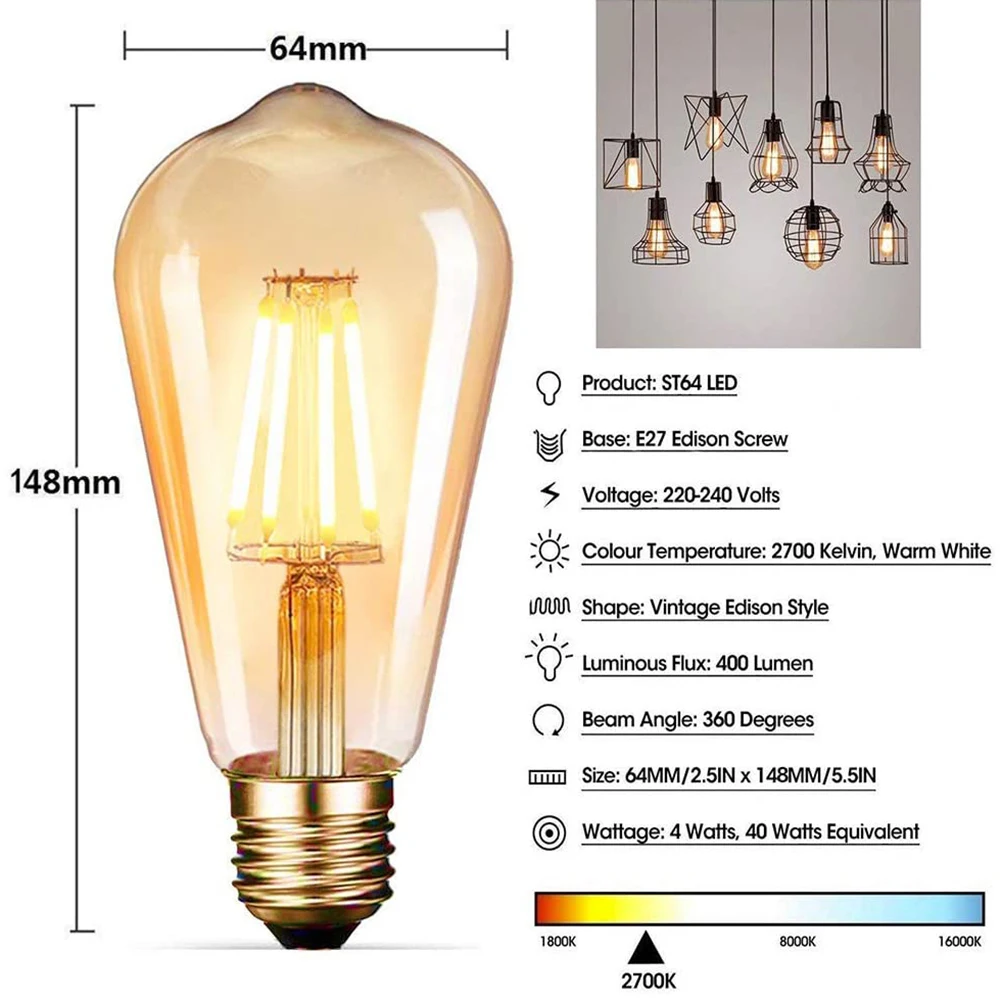 

6PCS Light Bulbs LED Edison Bulbs Antique Vintage Filament Incandescent Bulb E27 220V Light Lamp Bulb 4W LED Decorative Filament