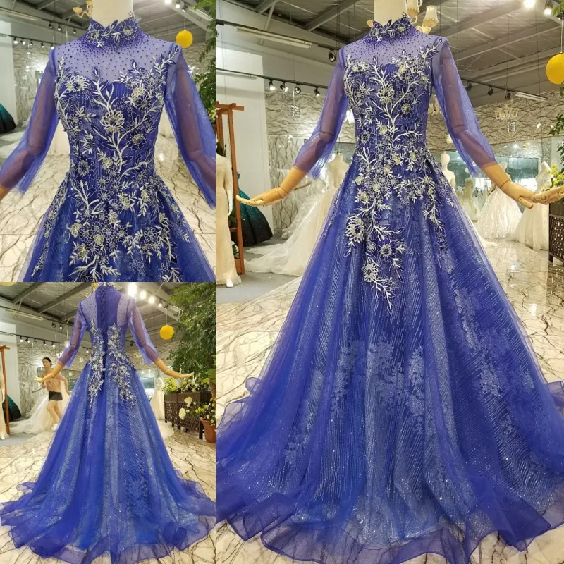 LS921450 дешевые синие платья для матери невесты с высоким воротом женщин