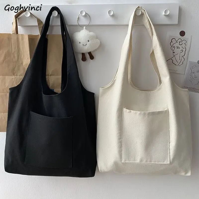 

Portable Large Capacity Shoulder Bags Women Canvas Simple Solid Open Pocket Reusable Tote Shopping Bag Female All-match Travel