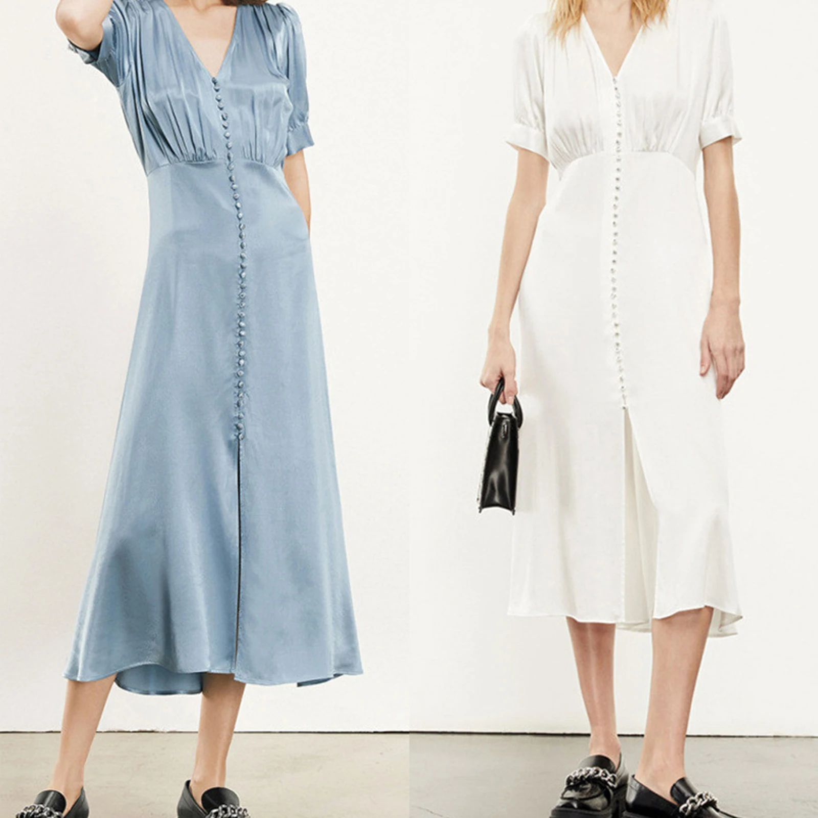 

Женское тонкое платье средней длины с V-образным вырезом и короткими рукавами