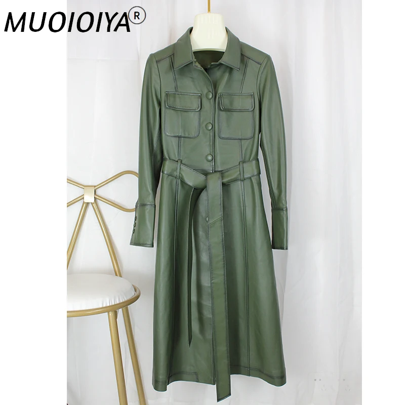 

Женский Длинный тренчкот из натуральной кожи, винтажная ветровка из натуральной овечьей шкуры, верхняя одежда для осени и зимы, 2021