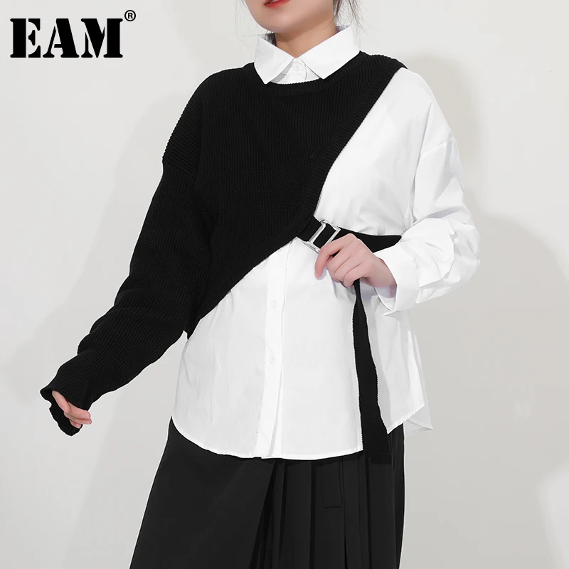 

[EAM] Женская белая цветная вязанная блуза большого размера, новая свободная рубашка с длинными рукавами и отворотом, модная демисезонная 2022, ...