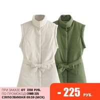 tangada women green waistcost parkas with belt pockets 2021 office lady oversized coat sleeveless je174