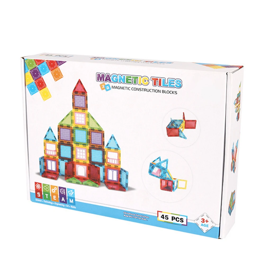 

Kids Magnetic Construction Tiles Blocks 45 Pieces Children's Magnetic Educational Stacking Building Blocks Tiles Toy Gift