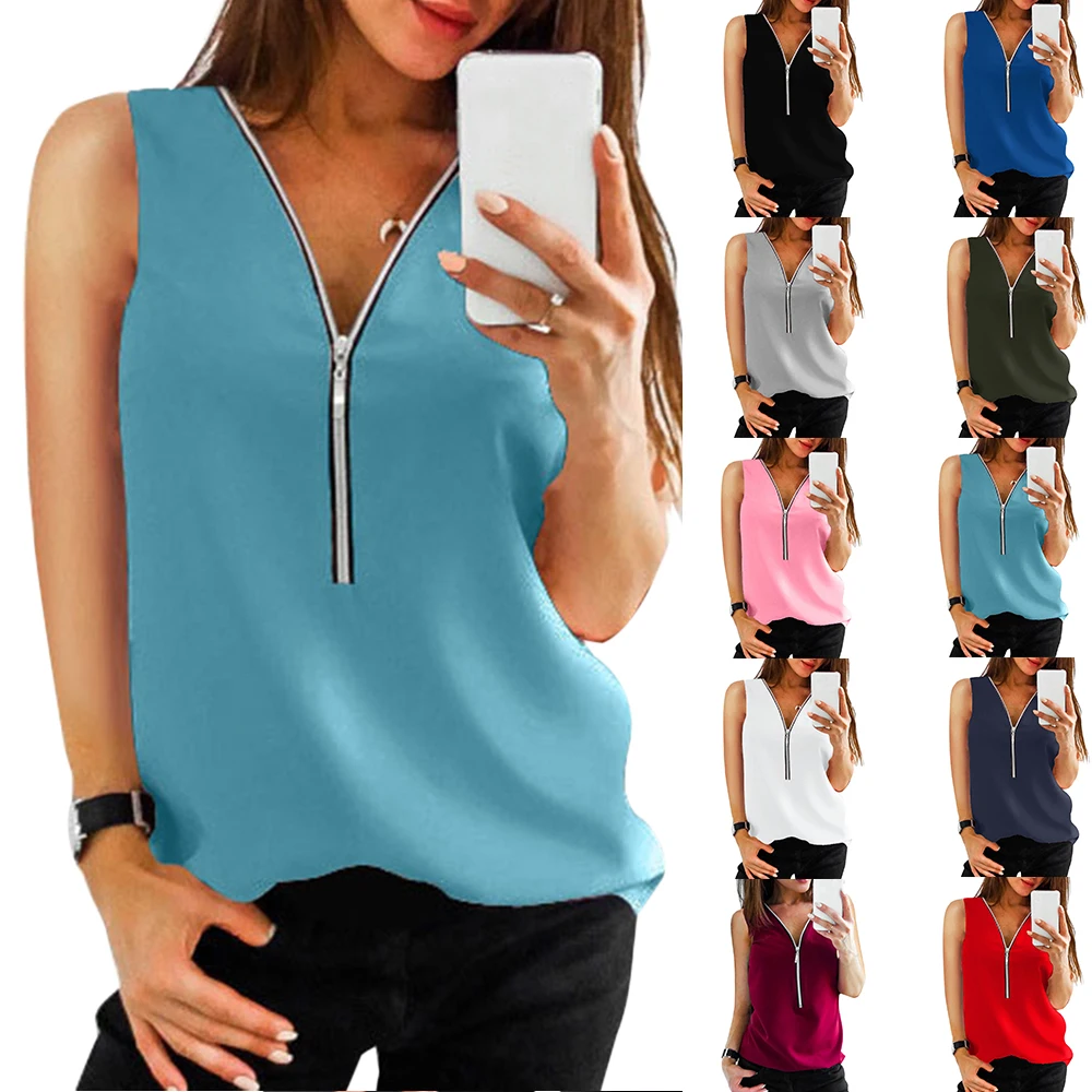 Женский топ без рукавов с V образным вырезом свободная футболка на молнии