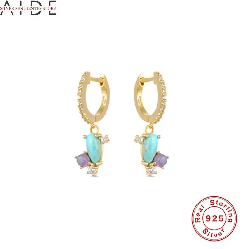 

AIDE Round Gold Hoops Earrings For Women Jewelry 925 Sterling Silver Turquoise White Pink Zirocn Earrings Boucle Oreille Femme