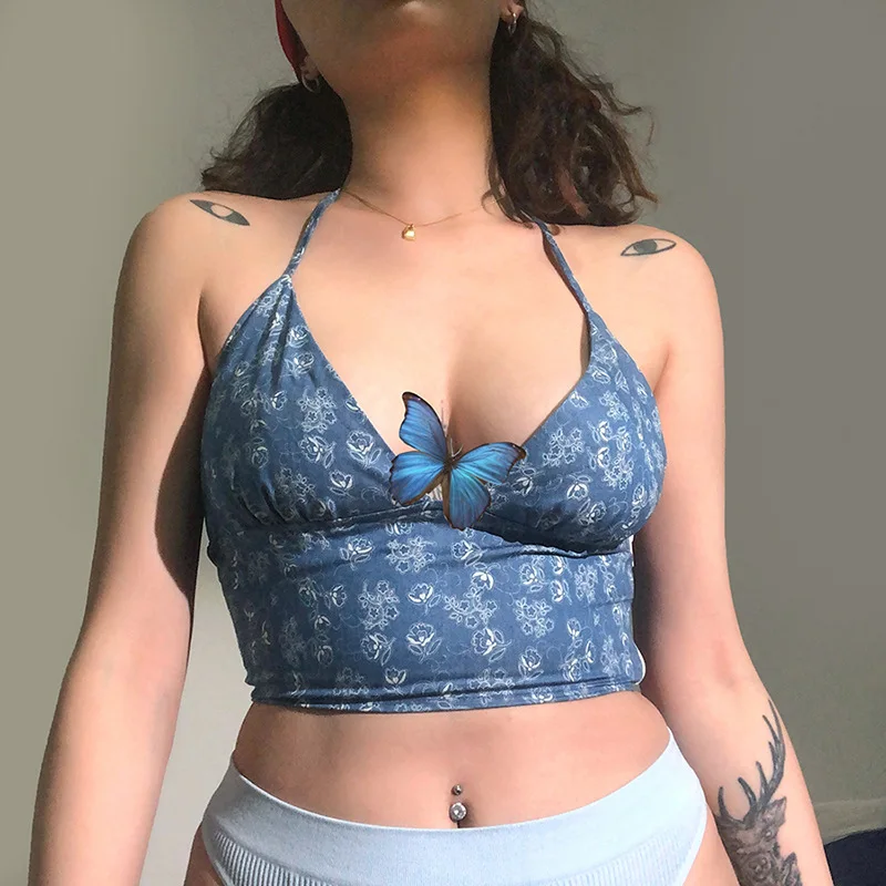 

Missnight Blue Rose Floral Halter Spaghetti Strap Tank Top Bandage V Neck Cropped Tops Backless Summer Camis Streetwear Casual