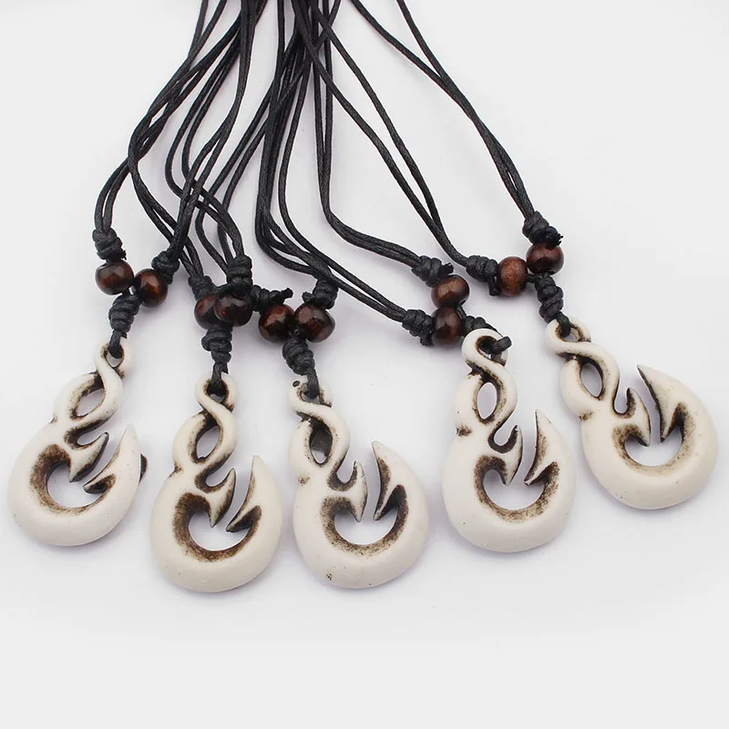 

6pcs/lot Tribal White Carving Hook Pendant Necklace Wholesale Ethnic Faux Yak Bone Resin Necklace Jewelry Gifts For Men Women