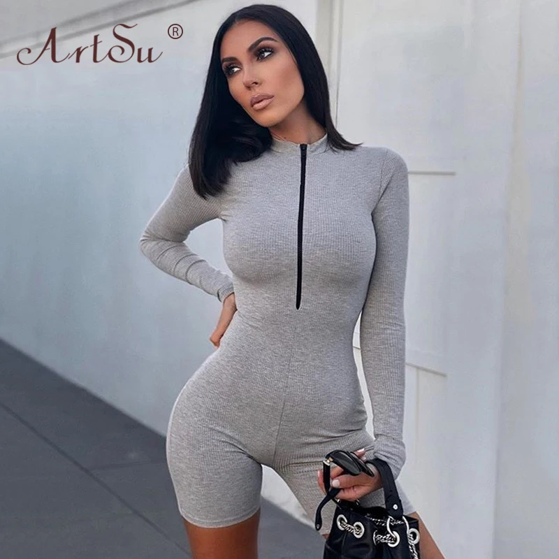 

ArtSu Zipper Rib Knit Bodycon Playsuit Women Long Sleeve Rompers Biker Playsuit 2020 Grey Black Skinny Outfit Casual Playsuits
