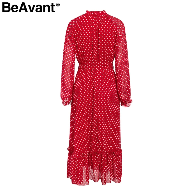 BeAvant, красное платье в горошек, Осень-зима, женское, элегантное, с рукавом-фонариком, длинное, для вечеринок, с рюшами, с круглым вырезом, черное, для девушек, vestidos