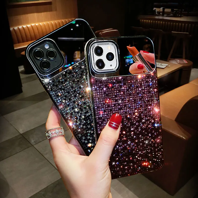 Чехлы для телефонов с градиентным зеркалом для макияжа для iPhone 12 Pro Max XR XS 7 8Plus, чехлы для iphone 11, блестящие алмазные чехлы с блестками
