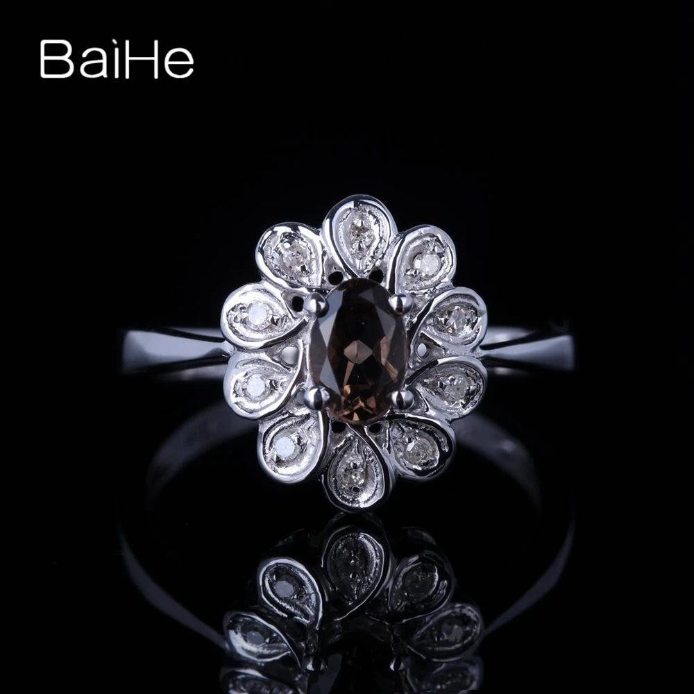 

BAIHE Solid 14K White Gold Smokey Quartz Flower Ring Women Engagement Gift Fine Jewelry Pierścień z przydymionego kwarcu Anillo