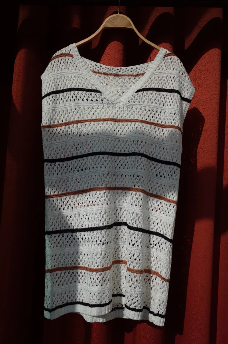 Вязаное крючком белое Полосатое платье без рукавов с капюшоном Сетчатое для