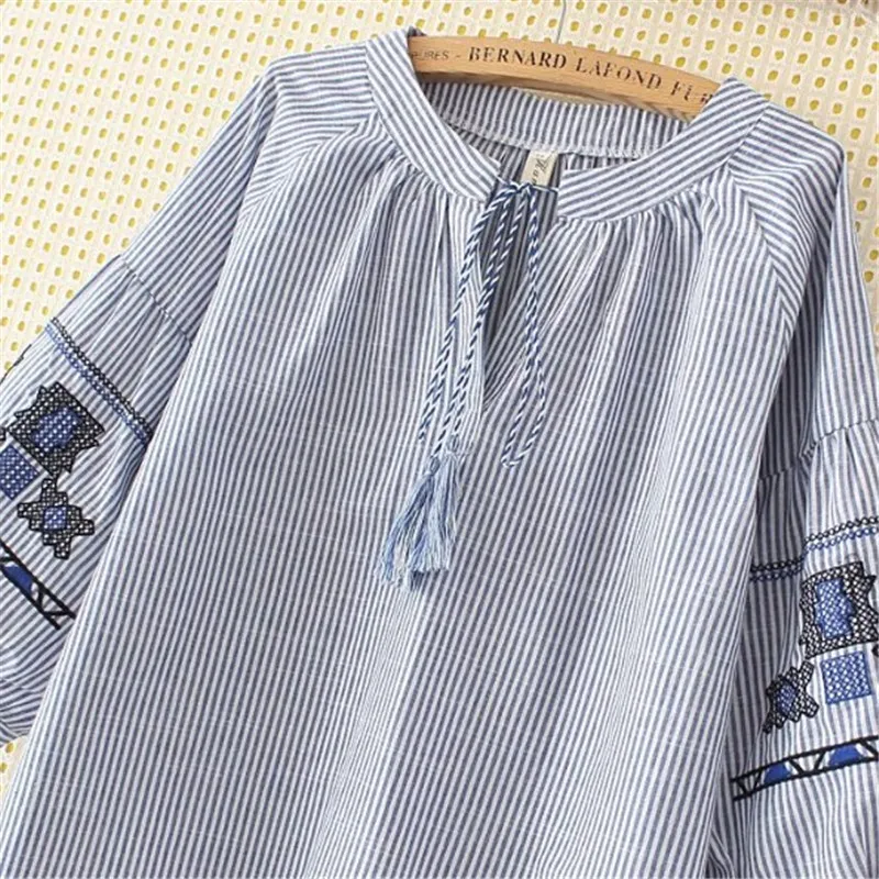 Блузка женская с вышивкой и кисточками в полоску|blouses plus|shirt blousewomen tops |