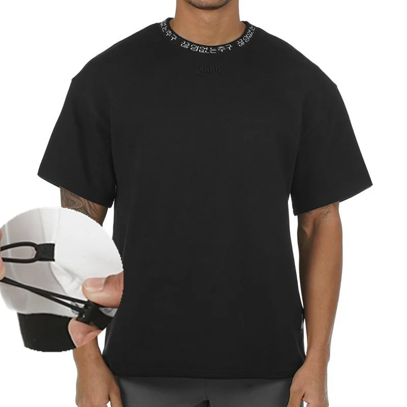 

Men's T-shirt Knit Ribbed Collar Loose Tshirt with Drawstring Hem for Men Activewear GYM Workout Shirt