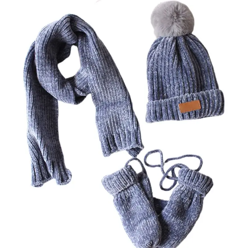 

3 In 1 Toddler Kids Winter Ribbed Knit Warm Pompom Beanie Hat Scarf Gloves Set