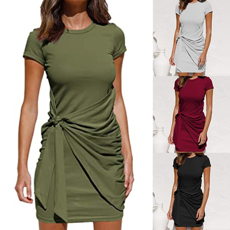 

2021 Sexy Mini Bow Belt Dress Slim Irregular Summer Short-sleeve Female Retro Dresses Women Casual Solid Pleated Dress