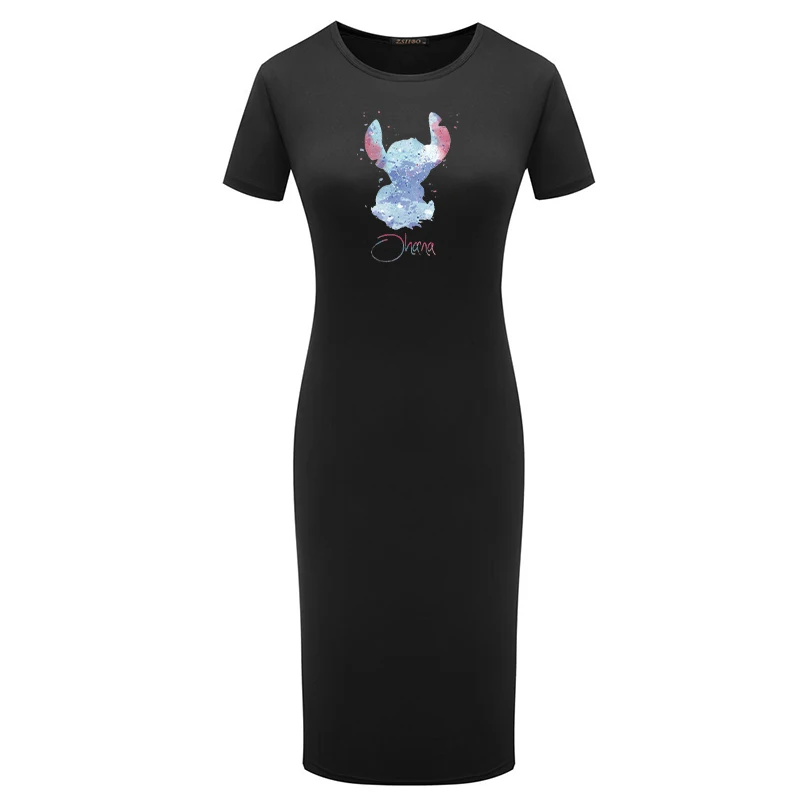 

Sexy Bodycon Disney Dress O-Neck Stitch Printing Casual Midi Robes Short Sleeve Slim Thin Party Pencil Dresses for Women 2021