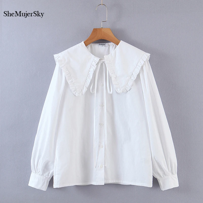 

SheMujerSky Women Long Sleeve White Blouses Spring Autumn Peter-pan Collar Single Breasted Tops 2021 Casual Shirts