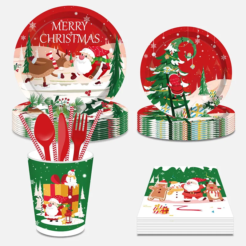 Vajilla desechable navidad decoraciones para el hogar, plato de globos, servilletas, accesorios para fotos, pastel, adornos de navidad, 2021, tarjeta postal de Santa Claus, 2021-1