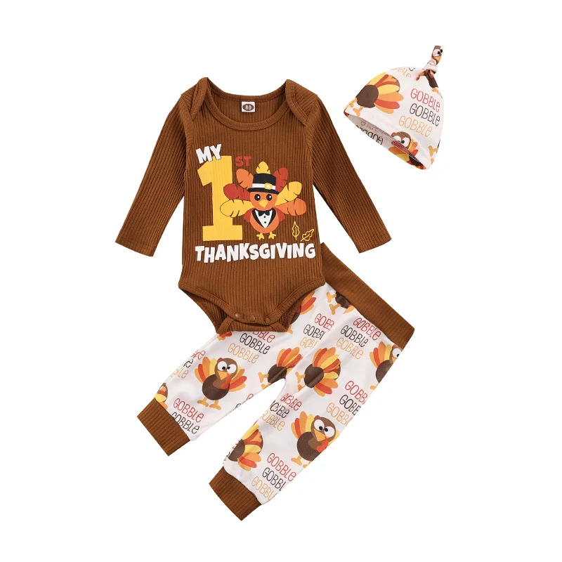 

My 1st Thanksgiving Newborn Baby Boy Girl Long Sleeve Cotton Bodysuit Tops Long Pant Hat 3PCS Holiday Clothes Set